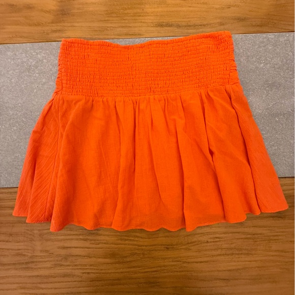Free People Orange Smocked Elastic Waist Mini Skirt Pleated Gauze Ruffles Large - Picture 3 of 10